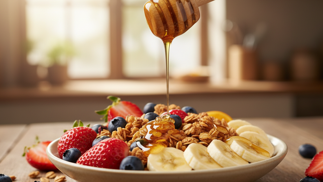 imagen de miel con frutas y granola